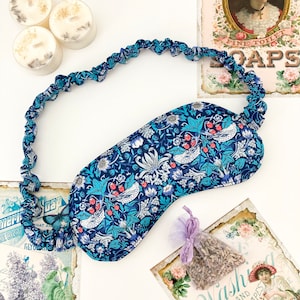 Liberty Strawberry Thief Print Silk lined Sleep Mask: Blue Cotton Blindfold