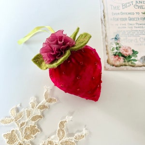 Velvet strawberry hanging decoration pin cushion ~ Pink Rose