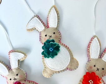 Felt Easter Bunny decoration- Blue velvet flowers