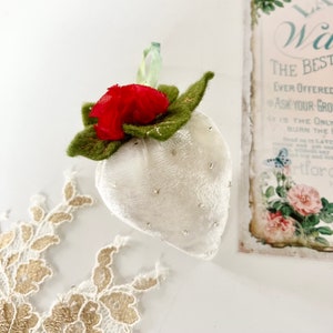 Ivory Velvet strawberry hanging decoration  ~ Red Rose