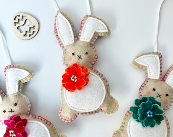 Felt Easter Bunny decoration- Orange velvet flowers