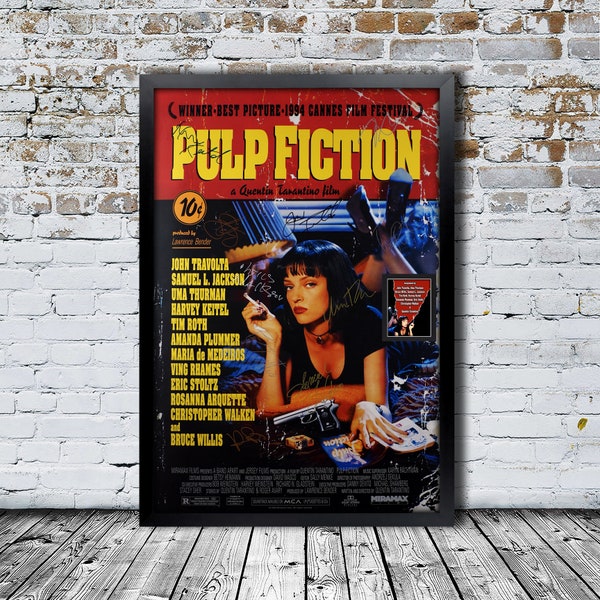 Pulp Fiction Autographed Movie Poster–Framed, Ready to Hang, with Reprint Autographs & Signature,Collectible Memorabilia,Home Theater,Media