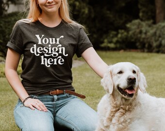 Bella Canvas 3001 Dark Grey Heather Mockup, Bella Canvas T-shirt Mockup, Lifestyle mockup with Dog