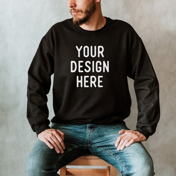 Gildan 18000 Black Mockup Man, Heavy blend Crewneck Sweatshirt, Gildan 18000 Black Sweatshirt Template