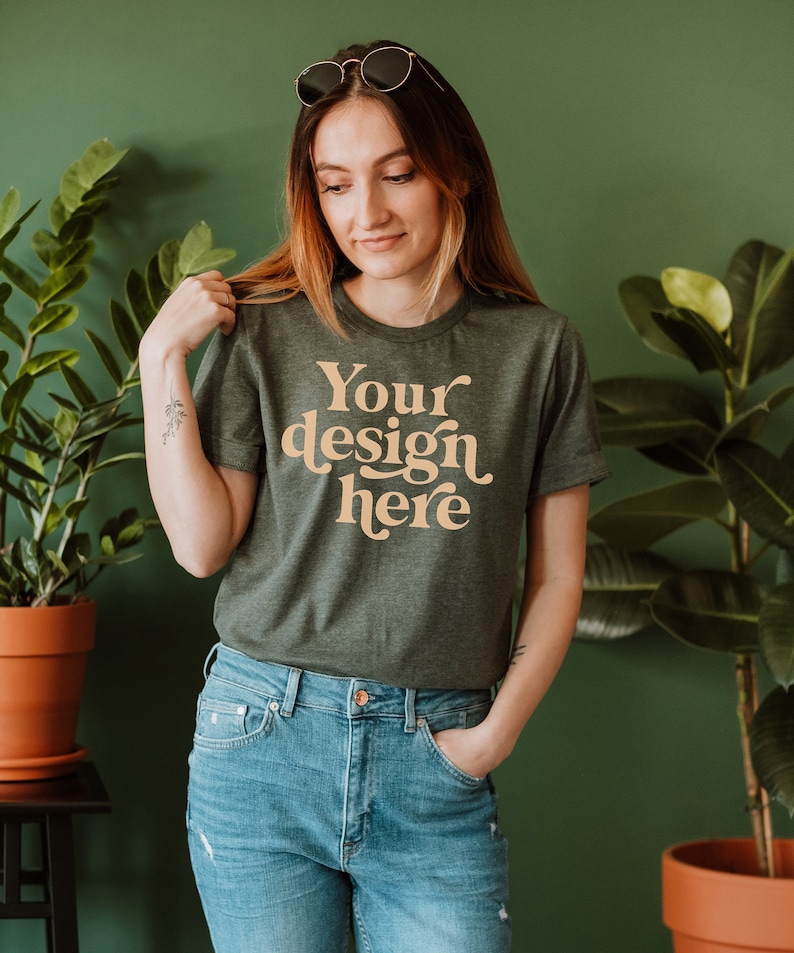 Download Bella Canvas 3001 Mockup Heather Forest T-shirt mockup ...