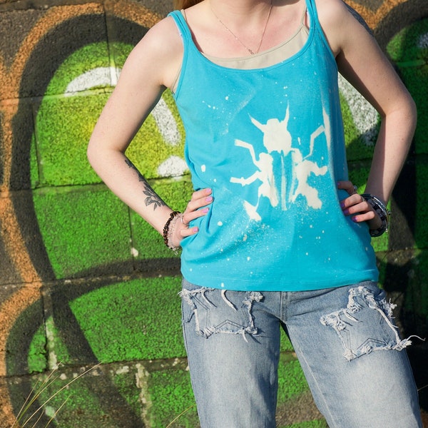 Handmade, one of a kind, women's bleach dyed blue beetle vest top. Up to UK 16 (could be worn as oversized), model pictured is UK size 8.