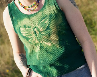 Handmade one of a kind women's bleach painted green butterfly tank top