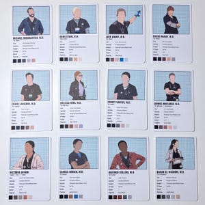 May include: Twelve trading cards featuring illustrations of medical professionals. Each card includes a name, title, specialty, and TV show information. The cards have a white background with a light blue border.
