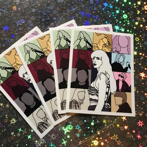 May include: Set of four stickers featuring a collage of colorful portraits of people with different hairstyles and clothing. The stickers are printed on white paper with a glossy finish.