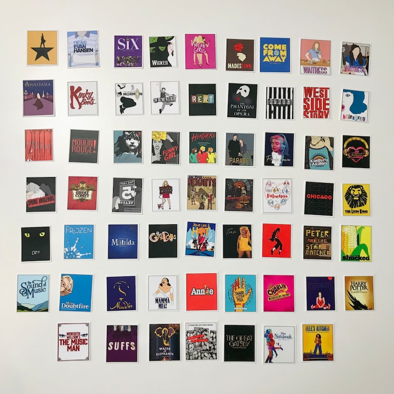 May include: A collection of 48 colorful square stickers featuring the names and logos of popular Broadway musicals. The stickers are arranged in a grid pattern on a white background.