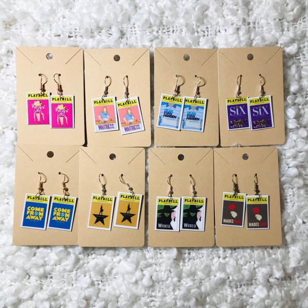 Broadway Playbill Earrings - Musical Earrings, Hamilton, Waitress, Dear Evan Hansen, Six, Wicked, Mean Girls, Hadestown, Come From Away