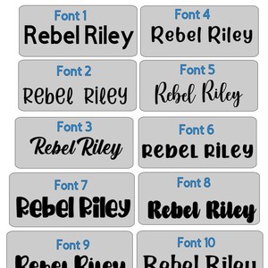 May include: A graphic showing ten different font styles for the name "Rebel Riley". Each font style is displayed in a separate box with a gray background and a blue header indicating the font number.