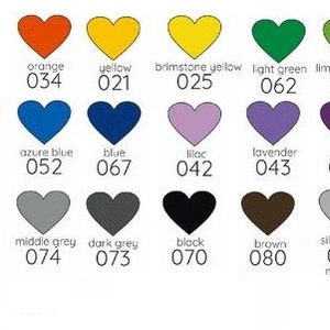 May include: A chart of 24 heart-shaped color swatches with corresponding color names and numbers. The colors include white, dark red, red, orange, yellow, brimstone yellow, light green, lime tree green, green, forest green, turquoise, mint, light blue, azure blue, blue, lilac, lavender, violet, soft pink, pink, cream, beige, light grey, middle grey, dark grey, black, brown, silver grey, and gold.