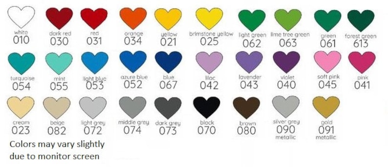 May include: A chart of 24 heart-shaped color swatches with corresponding color names and numbers. The colors include white, dark red, red, orange, yellow, brimstone yellow, light green, lime tree green, green, forest green, turquoise, mint, light blue, azure blue, blue, lilac, lavender, violet, soft pink, pink, cream, beige, light grey, middle grey, dark grey, black, brown, silver grey, and gold.