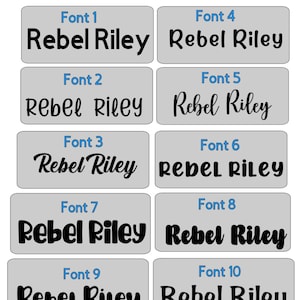 以下が含まれることがあります： 「Rebel Riley」という名前の10種類の異なるフォントスタイルを示すグラフィック。各フォントスタイルは、グレーの背景とフォント番号を示す青いヘッダーを持つ別々のボックスに表示されます。