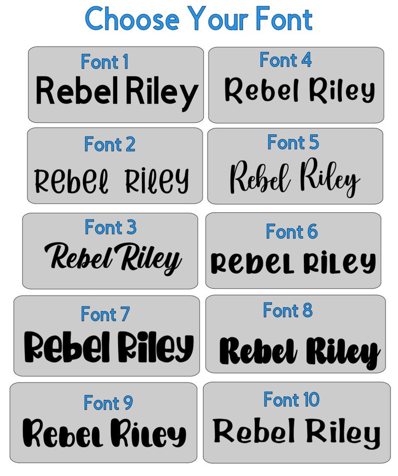 以下が含まれることがあります： 「Rebel Riley」という名前の10種類の異なるフォントスタイルを示すグラフィック。各フォントスタイルは、グレーの背景とフォント番号を示す青いヘッダーを持つ別々のボックスに表示されます。