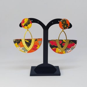 Orecchini ventaglio e ottone - Orecchini floreali nero, oro, arancione, rosso - Elegante collezione carta chiyogami