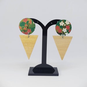 Orecchini verdi carta e legno, Orecchini fantasia sakura, Elegante collezione carta chiyogami giapponese e legno