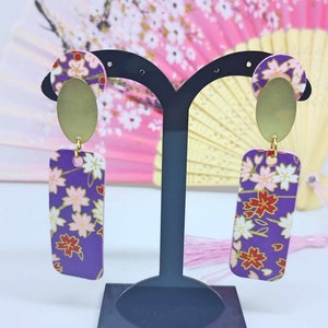 Orecchini di carta viola, rettangolari lunghi con dettagli dorati, Orecchini a fiori rosa viola, Elegante collezione chiyogami con bronzo