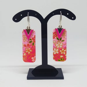 Orecchini carta chiyogami rettangolari, rosa e fucsia con dettaglio smaltato, Elegante collezione chiyogami