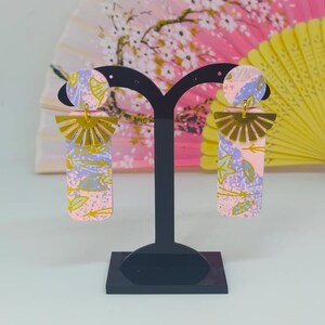 Orecchini di carta rettangolari, rosa e blu chiaro con dettagli dorati, Elegante collezione chiyogami