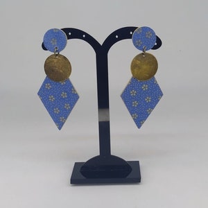 Orecchini carta chiyogami blu e oro, Orecchini rombo con piastrina bronzo, Elegante collezione carta chiyogami giapponese