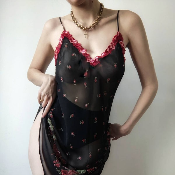 RARE deadstock soie babydoll Malizia roses rouges esthétique gothique S