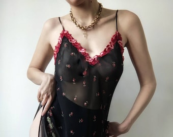 RARE deadstock silk babydoll Malizia red roses gothic aesthetic S