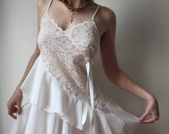 RARE vintage bride lace and chiffon romantic pure white babydoll XS/S