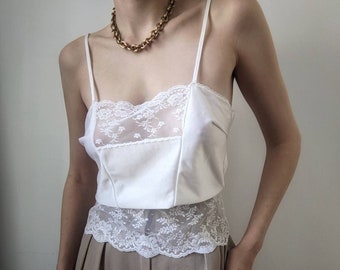 Vintage 1970 bride french cami pure lace peplum transprent romantic XS