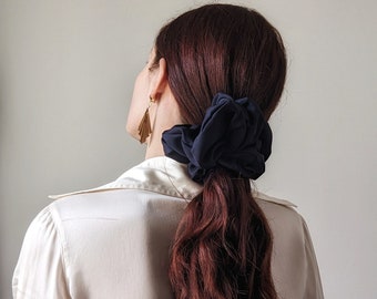 Handmade vintage silk oversized XXL scrunchie navy blue classical