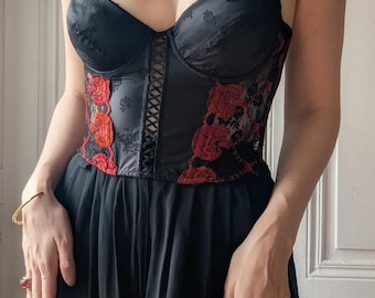 Vintage Simone Pérèle Paris Bustier Black Satin Floral Lace Embroidery