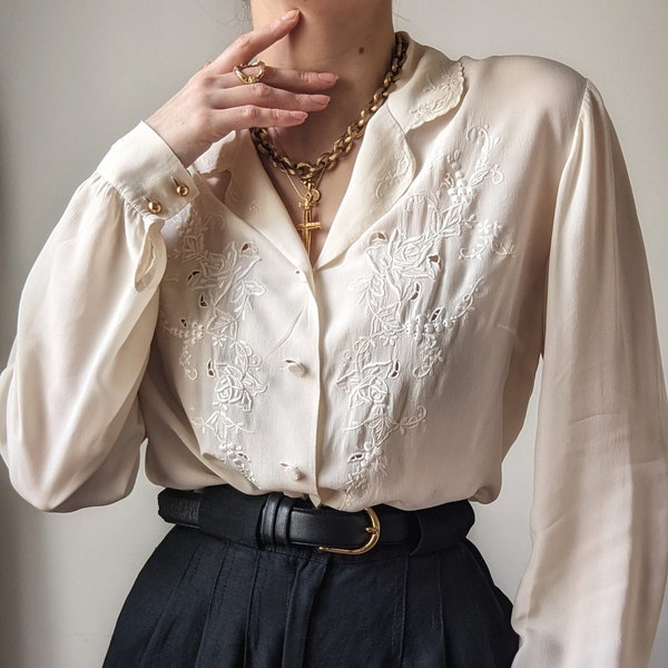 SUPER RARE blouse en soie française broderie roses ivoire romantique s-m
