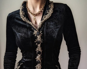 RARE vintage Etincelle Paris black goth velvet embroidered jacket S