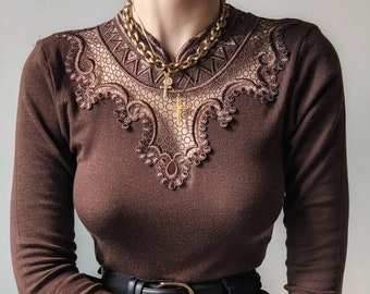 RARE vintage wool chocolate lace bodysuit winter 1990 S