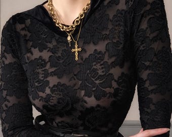 RARE vintage La Perla 1990 velvet black bodysuit roses transparent S