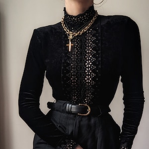 Etincelle Couture Paris black velvet embroidered bodysuit S