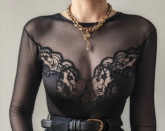 RARE vintage Rosy french black lace and mesh gothic bodysuit XS/S
