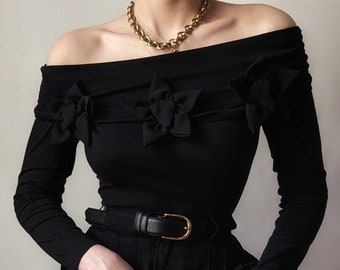RARE Malizia vintage black bodysuit off-shoulders flowers embroidered M