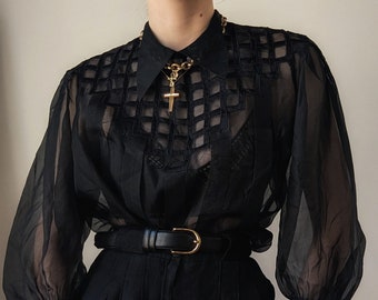 SUPER RARE Antique wearable art sheer organza black blouse embroidred XS