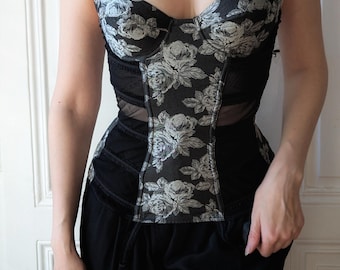 SAMLARE Chantal Thomass1990 silverfärgad bustier i siden och mesh-rosor 32