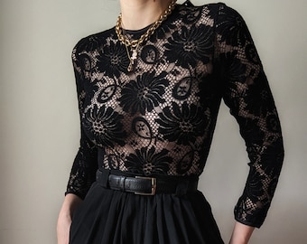 DEADSTOCK vintage Christies italian black lace gothic bodysuit XS
