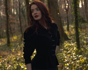 COLECCIONISTA Emmanuelle Khanh 1980 chaqueta victoriana peplum de terciopelo negro M