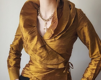 Vintage-Wickelbluse aus Wildseide aus den 1990er Jahren mit dramatischem Rüschenkragen, goldfarben, Größe XS/S