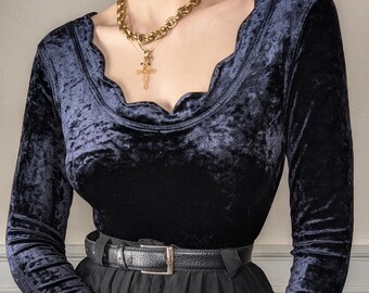 Raro mono festoneado de terciopelo azul medianoche de Etincelle Couture estilo gótico M