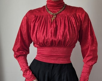COUTURE Chantal Thomass 1980 blusa vintage brocado rojo extravagancia XS