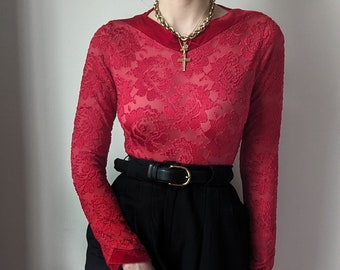 RARE vintage La Perla 1990 velvet starberry bodysuit roses transparent XS/S