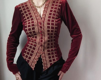 RARE blouse Sagaie Paris royal rouge volvet broderies dorées Renaissance S/M