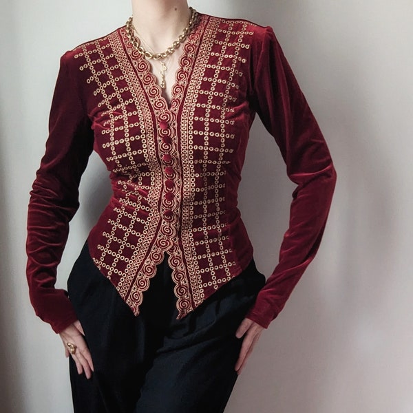 RARE Sagaie Paris royal red volvet golden embroidery blouse Renaissance S/M
