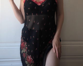 Malizia Vintage Seidenchiffon Babydoll Nachthemd mit roter Rose, italienisches Designerstück